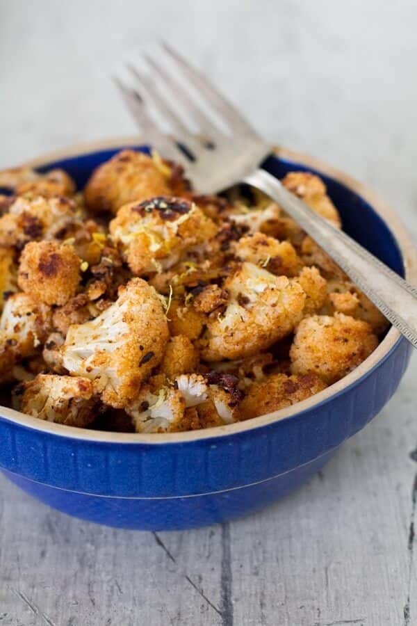 spiced roasted cauliflower in bowl