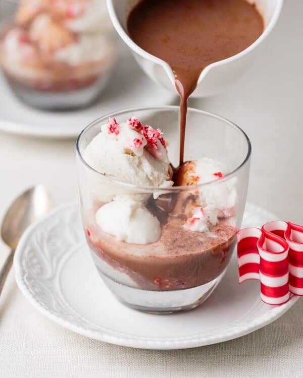 Peppermint ice cream and hot cocoa affogato 