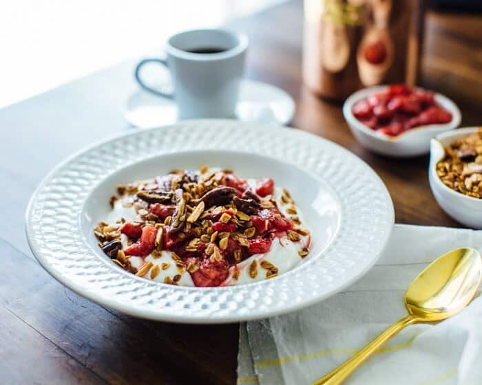 Roasted strawberries with breakfast parfait