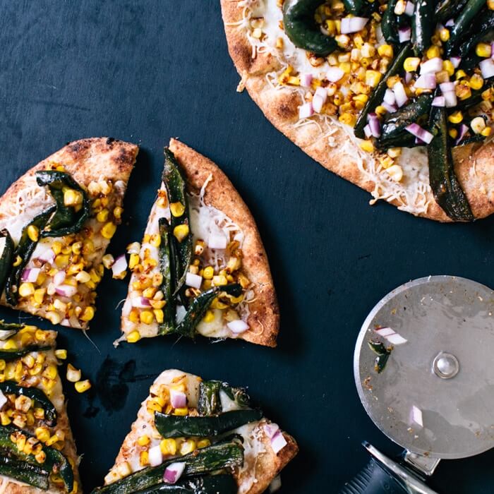 Roasted poblano and corn pizza
