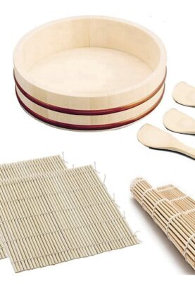sushi making kit including mixing bowl tub, bamboo sushi rolling mat, and rice paddle scoop