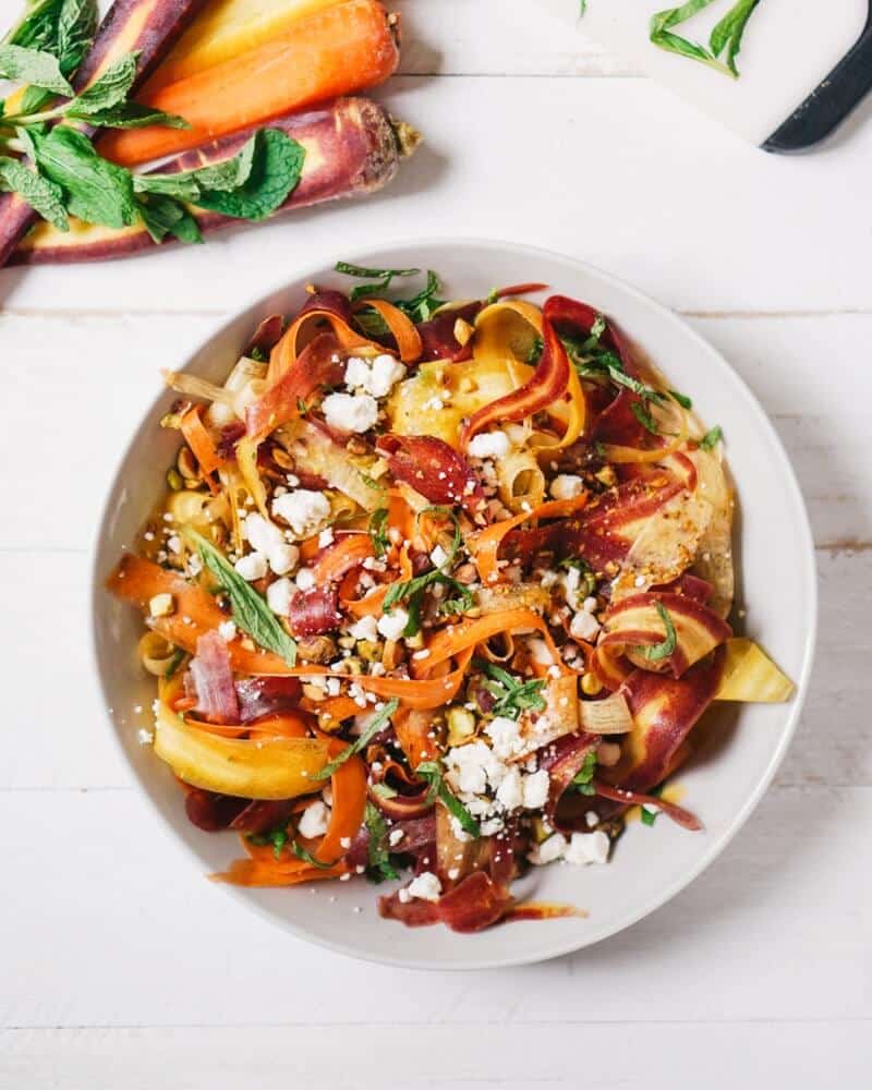 Carrot Salad with Feta and Pistachios | Fancy Foods Show via Kale and Caramel