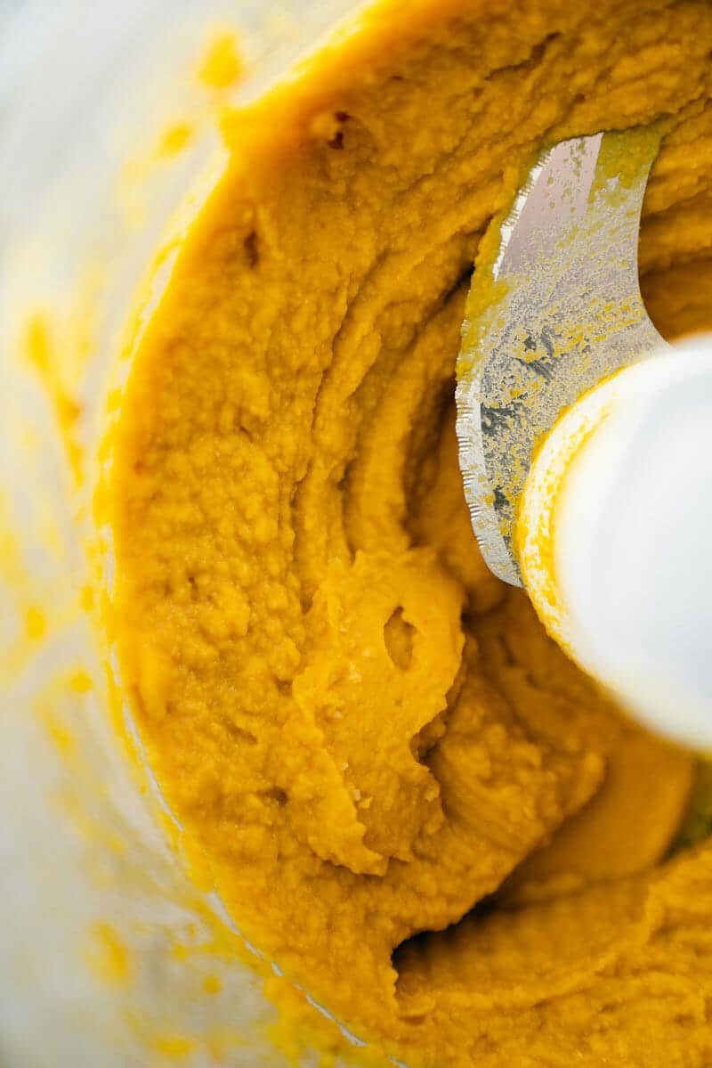 Chickpeas in a food processor close up