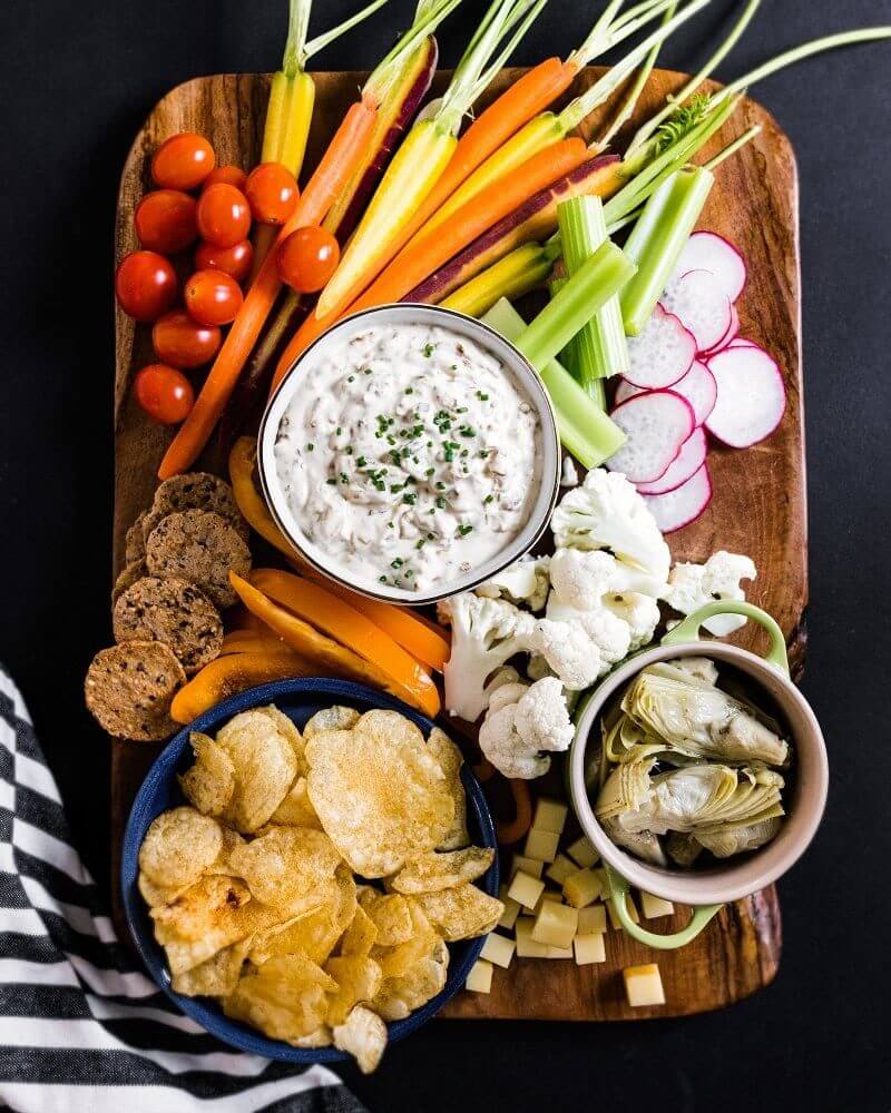 Happy Hour Platter with Caramelized Onion Dip | Fancy Foods Show via Platters and Boards