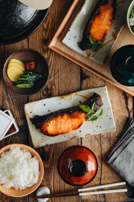 Salmon kasuzuke served on a Japanese plate.