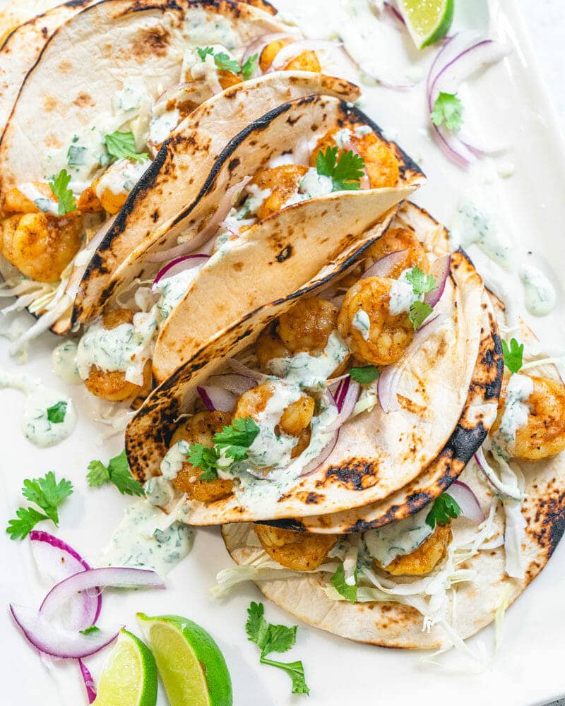 Shrimp tacos with cilantro sauce