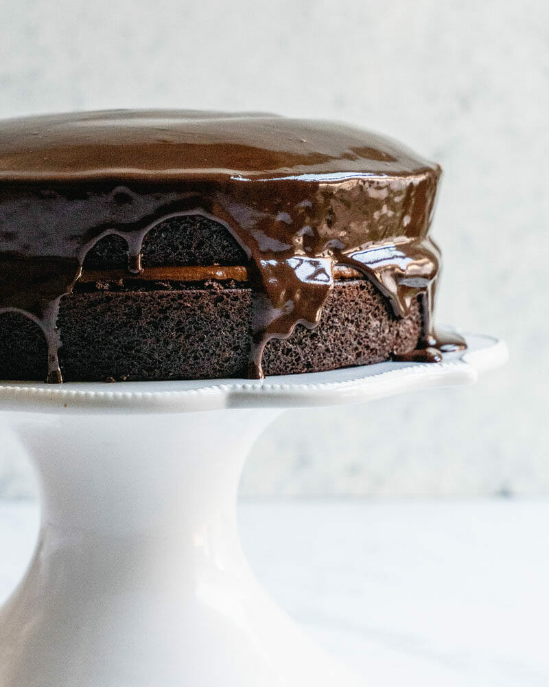 Chocolate ganache topping on chocolate cake