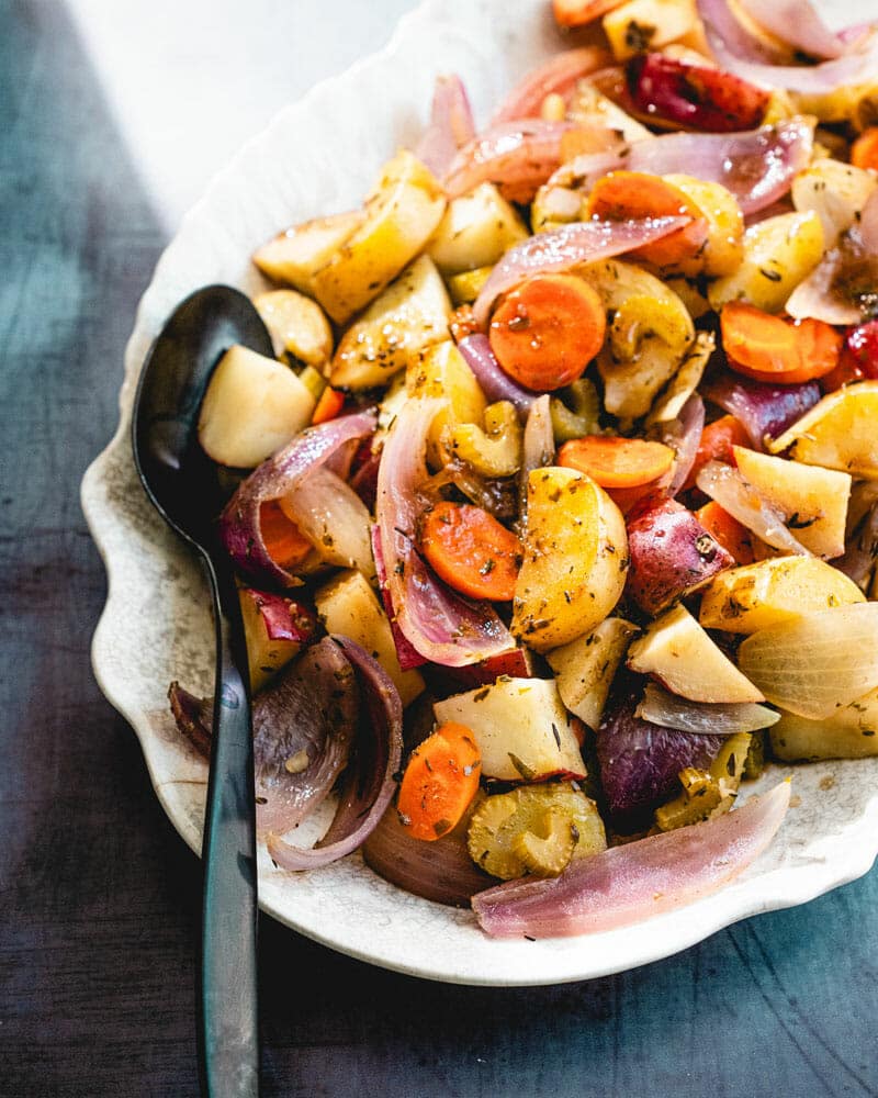 Braised vegetables on platter