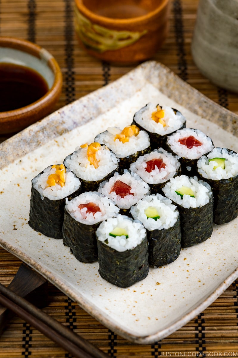 Sushi Rolls (Maki Sushi &ndash; Hosomaki) on a Japanese square plate.