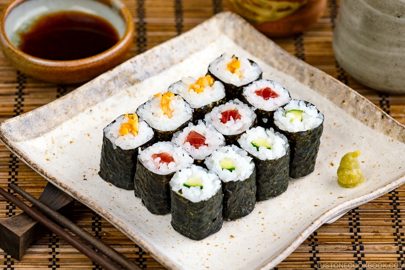 Sushi Rolls (Maki Sushi &ndash; Hosomaki) on a Japanese square plate.