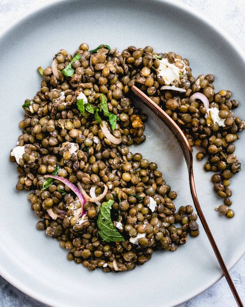 A plate of cooked french lentils with some onions and greenery mixed in, with a fork sitting ont the plate