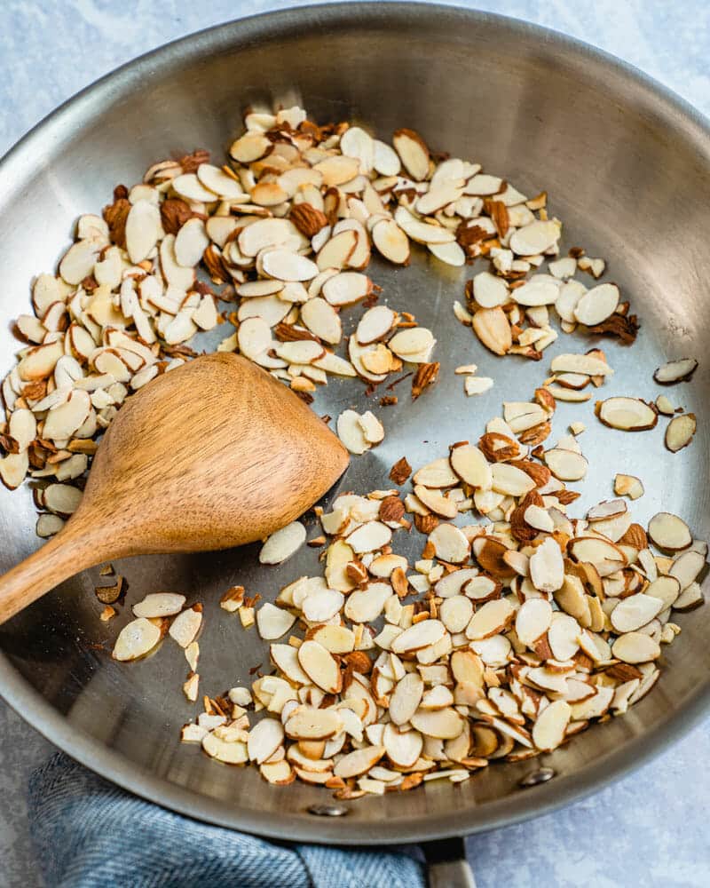 How to toast almonds: almonds in a skillet.