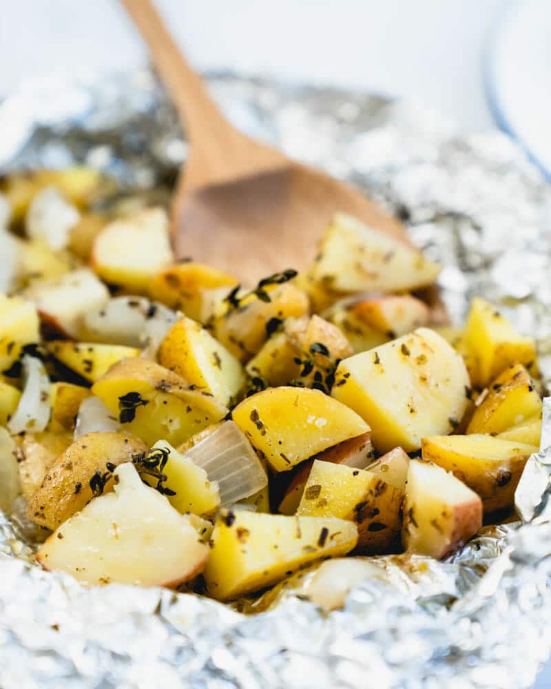 Grilled potatoes in aluminum foil