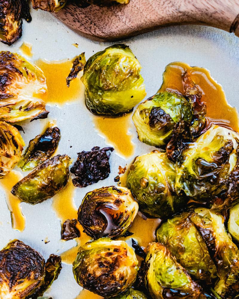 Brussels sprouts cooked and browned with a maple glaze on top