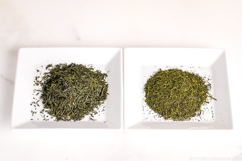 green tea leaves on 2 white plates