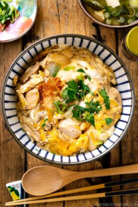 A Japanese donburi bowl containing Oyakodon, chicken and egg rice bowl.