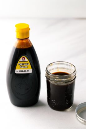 A mason jar containing homemade yakisoba sauce (copycat version of Otafuku Yakisoba Sauce).