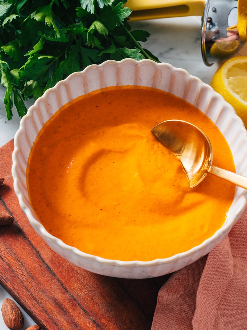 Roasted Red Pepper Sauce in bowl with spoon