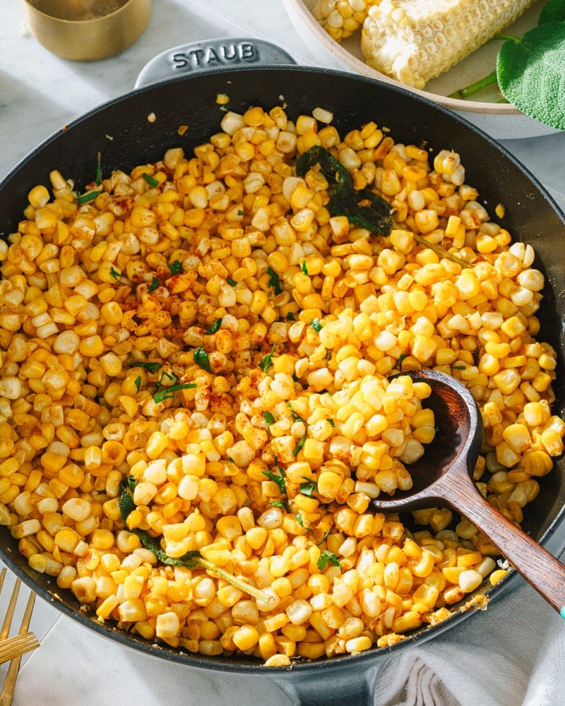 Skillet Corn in pan with spoon