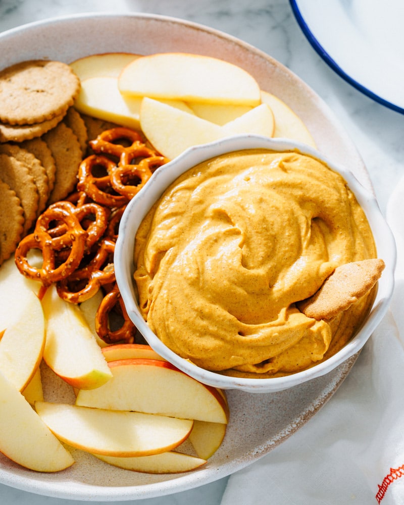 Pumpkin Dip with pretzels and apples