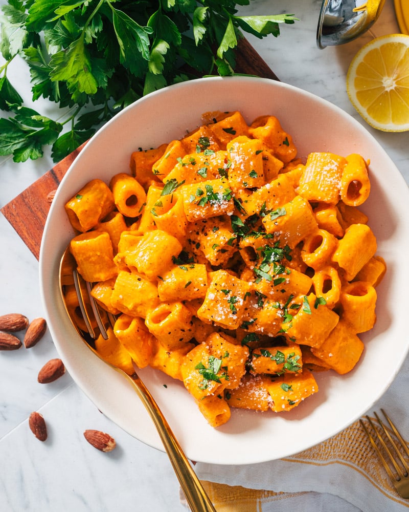 Roasted Red Pepper Pasta in bowl with fork