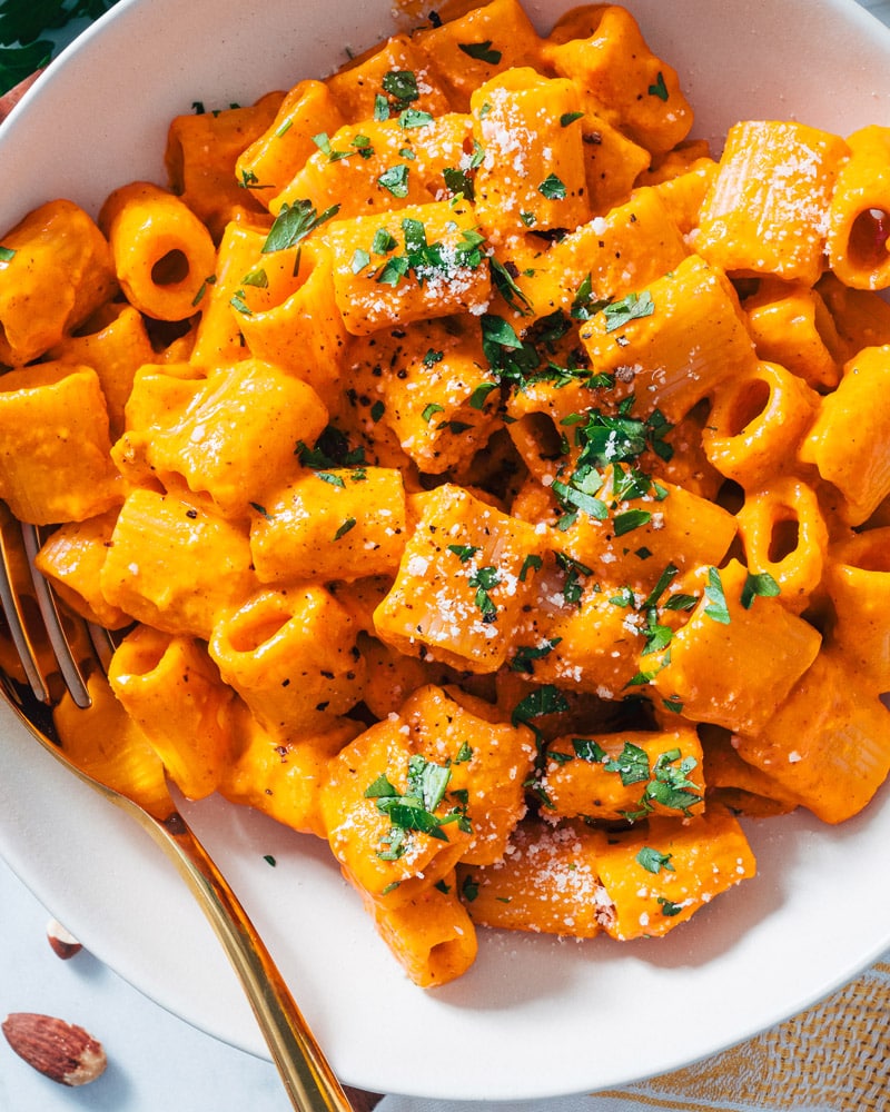 Close up of Roasted Red Pepper Pasta with parsley garnish