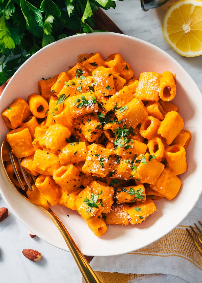 Roasted Red Pepper Pasta in bowl with fork