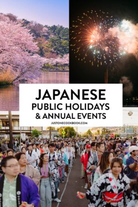 a collage of Japanese Public Holidays and Annual Events, including sakura season, obon, hanabi