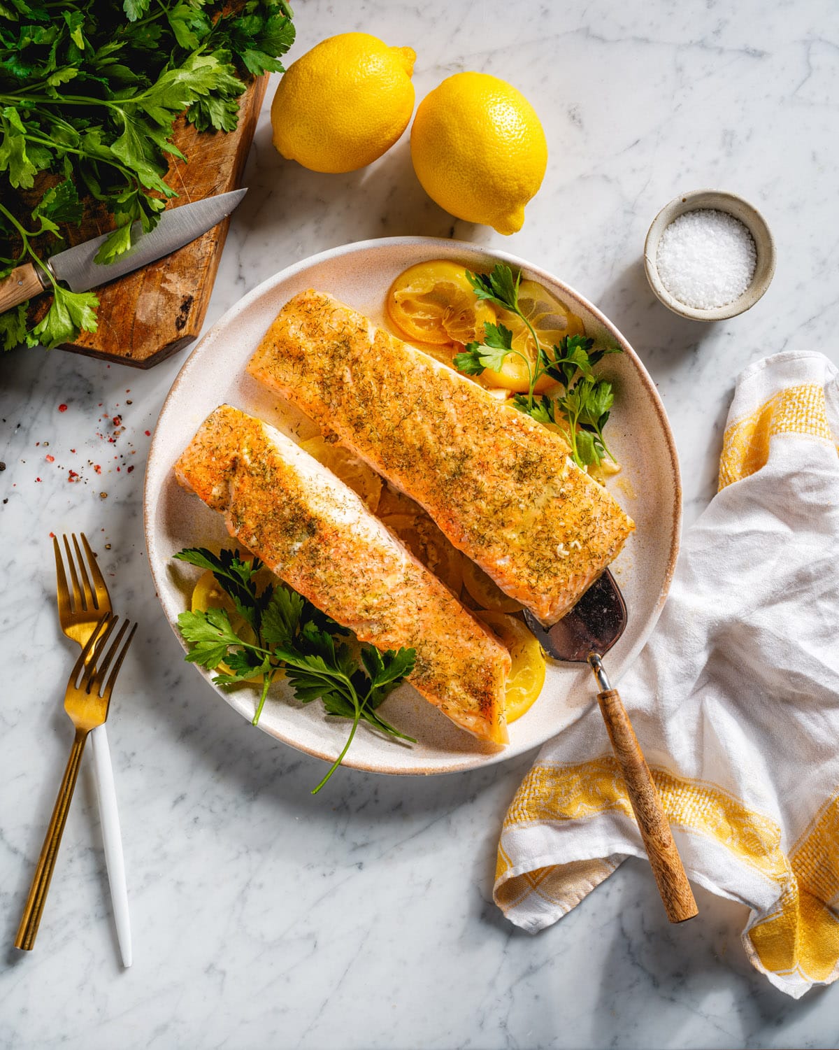 Lemon Salmon recipe with lemons and parsley