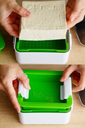 Two images: Top, hands place a block of tofu into a white plastic container with a green insert. Bottom, the container is closed with a green lid labeled Tofuture and white clasp handles&mdash;one of the best tofu presses for home use.