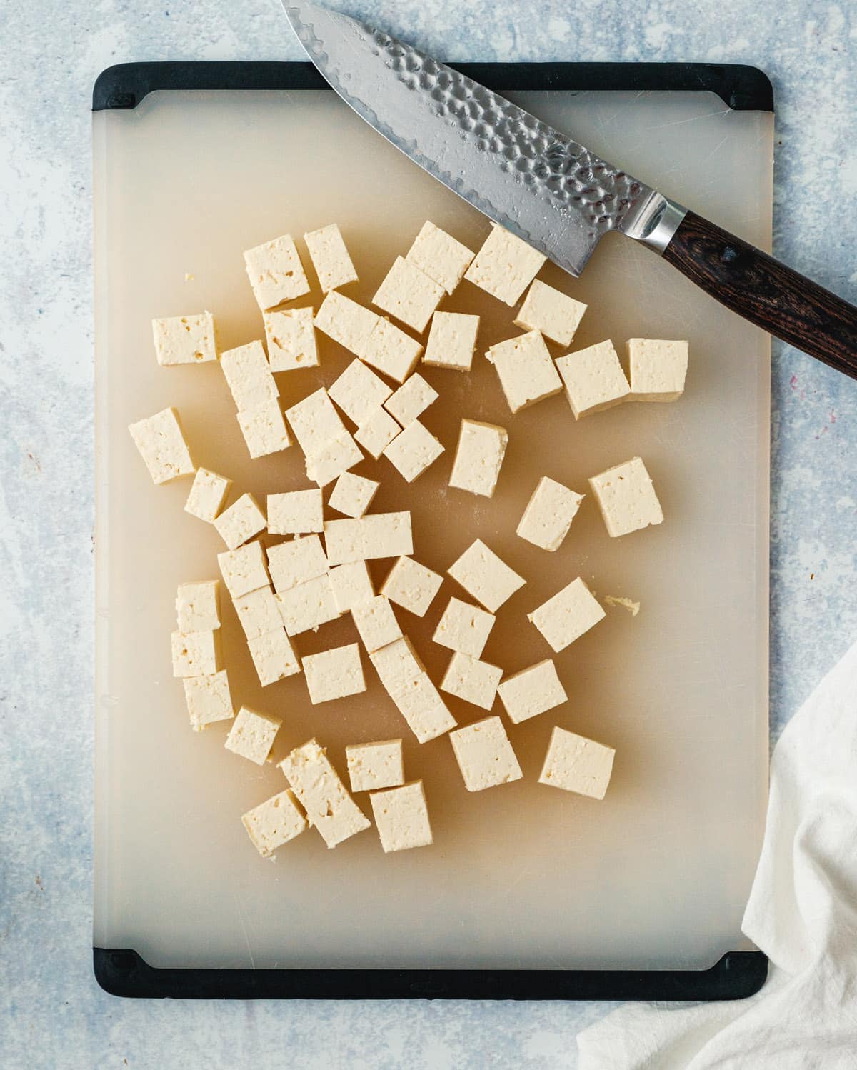 Step 1: Cut the tofu into chunks.