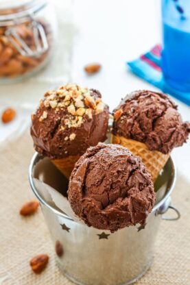 Rich chocolate ice cream in waffle cones.