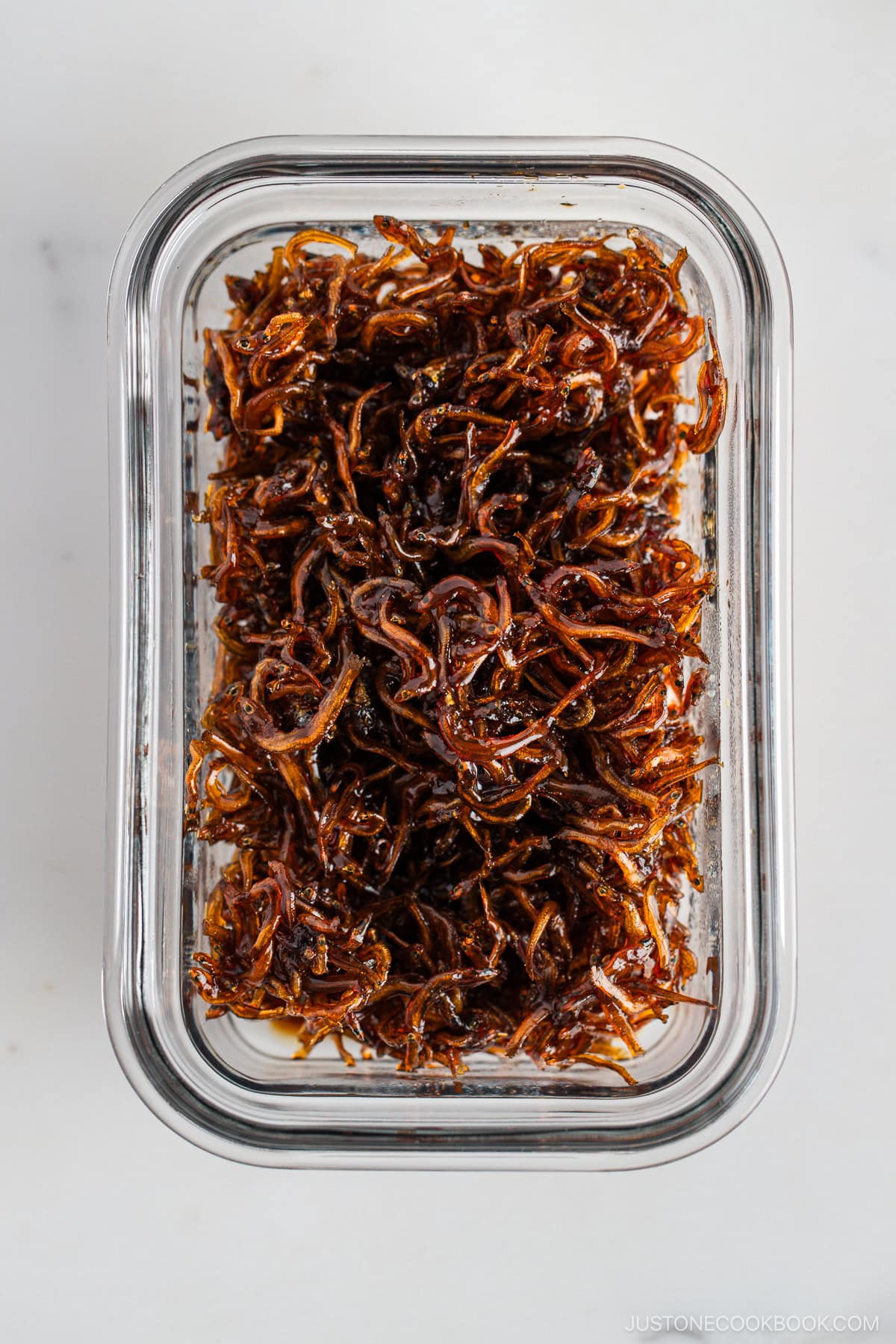 Baby Sardine Tsukudani (Jako Tsukudani) in a glass container.