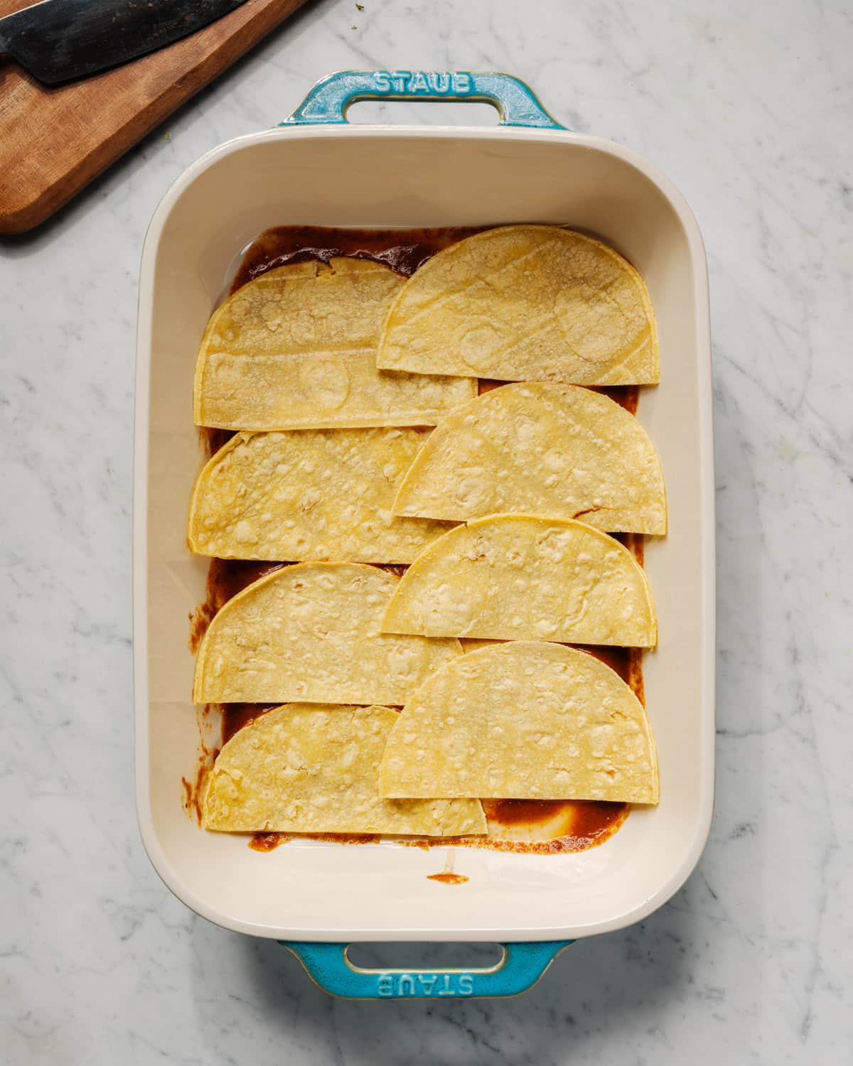 Enchilada Casserole: Layering the tortillas