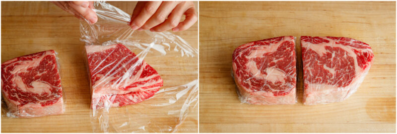 Preparing to thinly slice the ribeye and filet mignon.