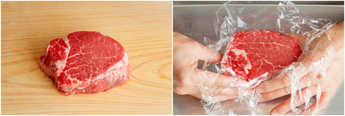 Preparing to thinly slice the ribeye and filet mignon.