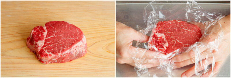 Preparing to thinly slice the ribeye and filet mignon.