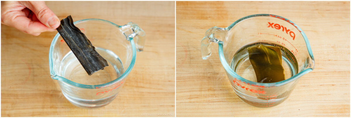 Side-by-side images showing a person placing a piece of dried kombu (seaweed) into a glass measuring cup of water, and the kombu soaking and coloring the water after some time.
