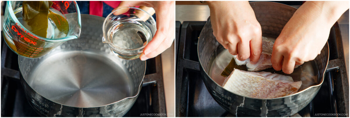 Side-by-side images: On the left, hands pour water and broth into a pot; on the right, hands place fish fillets into the pot on a stovetop.