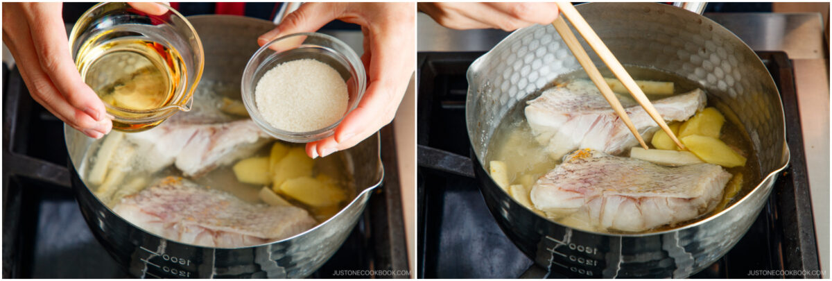 Two-panel image: On the left, a hand pours liquid and adds sugar to a pot with fish and ginger slices. On the right, fish and ginger cook in simmering broth, stirred with chopsticks.
