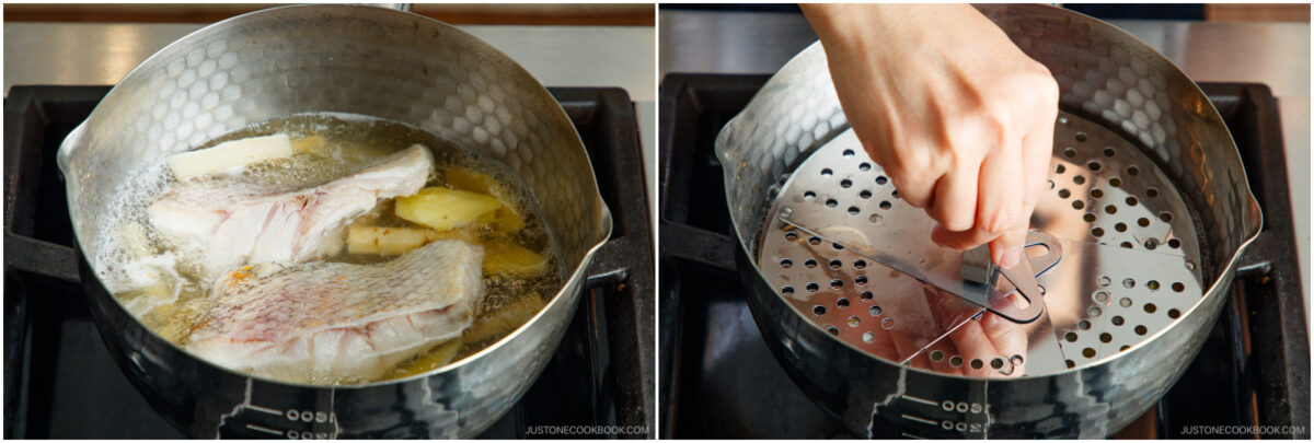 Two-panel image: Left, fish fillets simmer in a pot with butter and ginger slices. Right, a hand places a round metal drop lid onto the pot to cover the simmering fish on the stove.