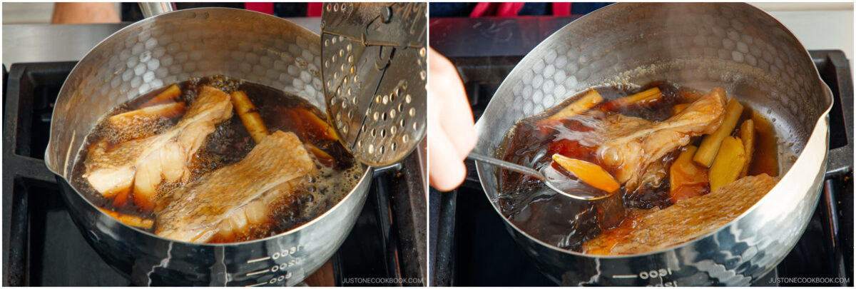 Two side-by-side photos show fish fillets simmering with ginger in a pot of dark broth on a stovetop. In the first, a lid is being placed; in the second, a spoon skims foam from the surface.