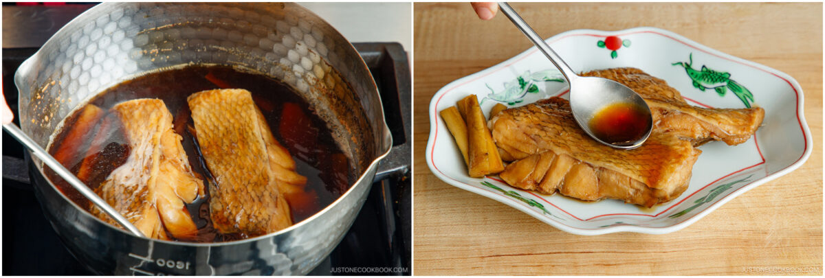 Two images: On the left, two fish fillets simmer in a pot of dark sauce. On the right, a piece of cooked fish is plated, with sauce being spooned over it, next to a vegetable, on a decorative dish.