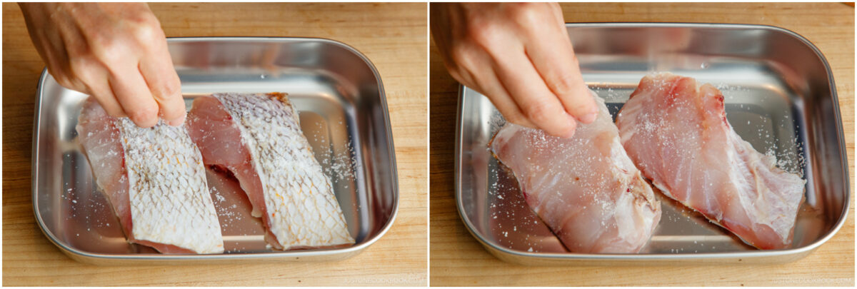 Two side-by-side images show hands sprinkling salt over raw fish fillets in a metal tray, first on the skin side, then on the flesh side, on a wooden surface.