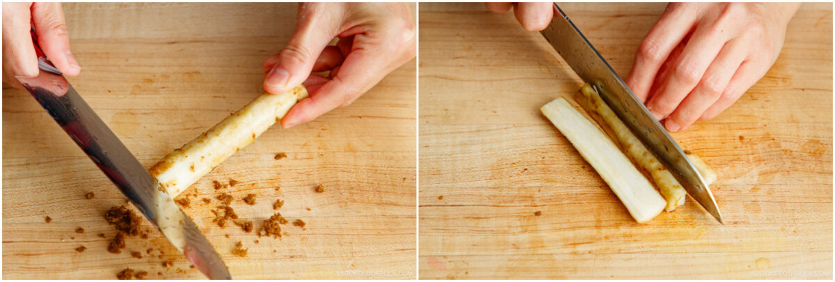 Two images show hands preparing a root vegetable on a wooden cutting board: the left side shows scraping off the skin with a knife, and the right side shows cutting the peeled vegetable into pieces.