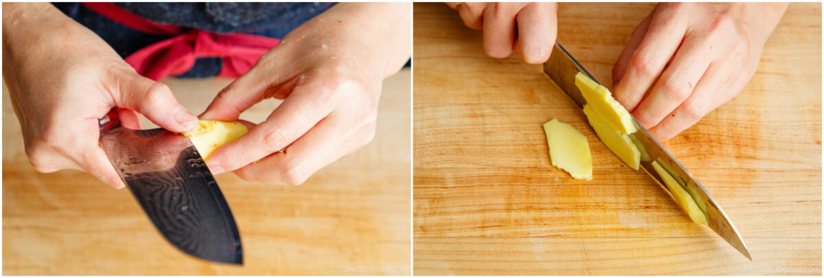 Close-up of hands peeling fresh ginger with a knife on the left, and slicing the peeled ginger on a wooden cutting board with a knife on the right.