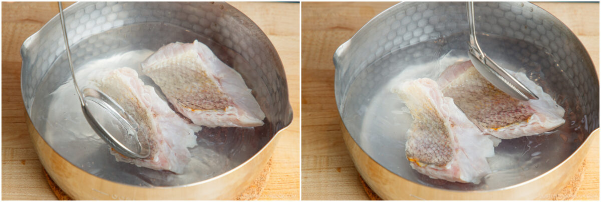 Two side-by-side images show fish fillets being poached in a metal pot of water. In each image, a ladle holds the fish while a mesh skimmer removes scum from the waters surface.