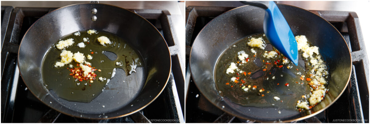 A two-panel image shows a frying pan on a stove with oil, minced garlic, and red pepper flakes. In the second panel, a blue spatula stirs the ingredients as they cook.