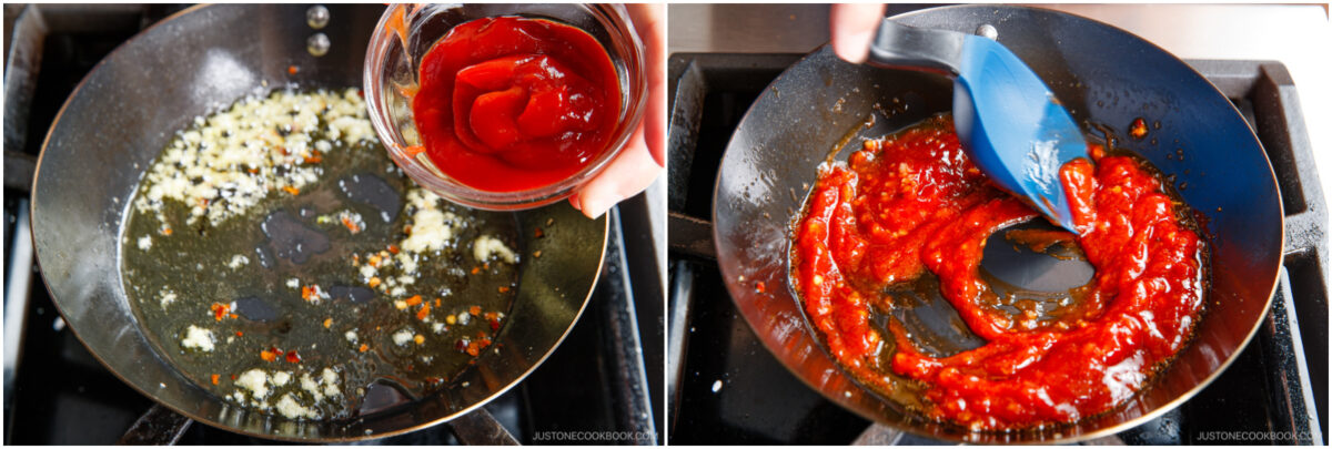 Two-panel image: Left, minced garlic and red pepper flakes are saut&eacute;ing in oil in a pan while ketchup is being poured in. Right, a hand stirs the ketchup mixture with a blue spatula, blending the ingredients.