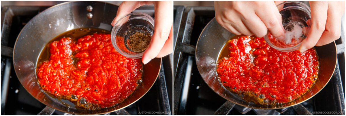 Two side-by-side images show hands adding spices and salt into a pan of red tomato sauce cooking on a stovetop. The sauce is simmering in oil, and ingredients are being poured from small glass bowls.